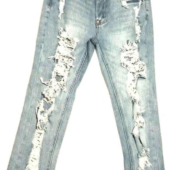 Almost Famous Distressed Boyfriend Jeans Sz 0 Lt Blue Bohemian Festival Thrashed - Picture 11 of 12